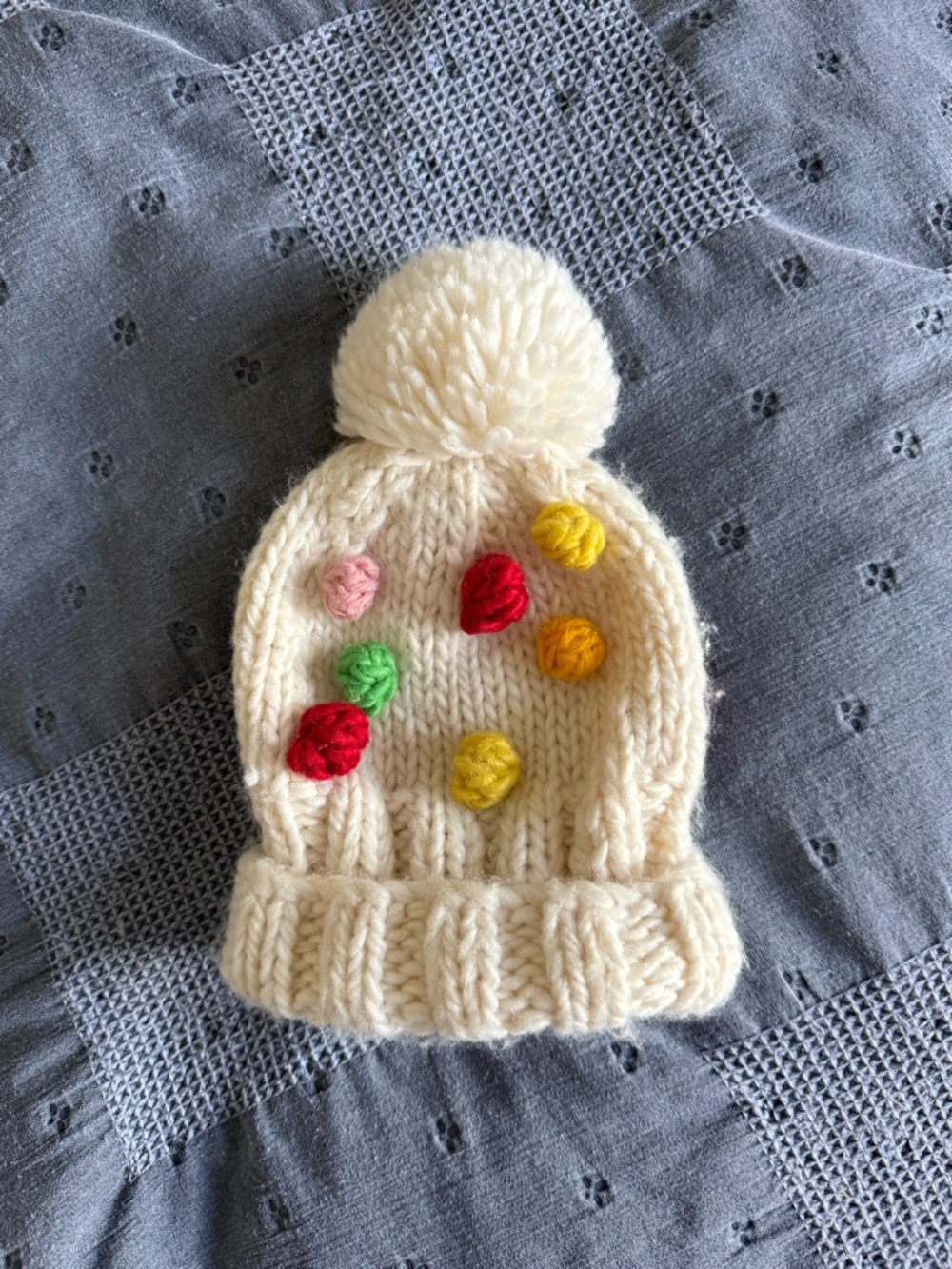 Blueberry Hill Cream Pom-Pom Beanie Colorful Knit Dots